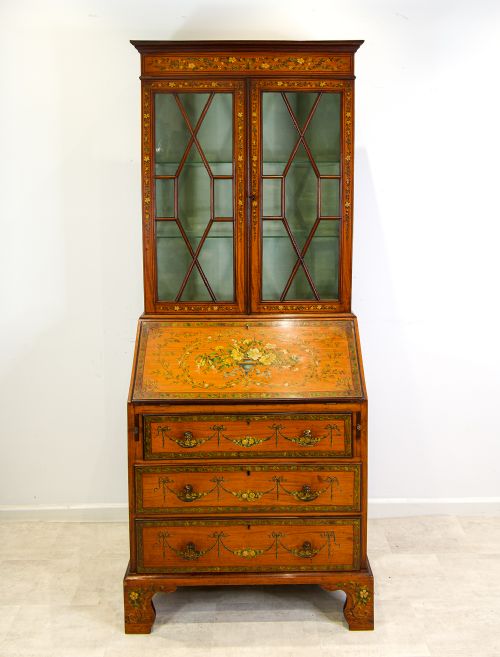 fig 1. Antique Satinwood Painted Bureau Bookcase (Adam Revival, c.1890)
