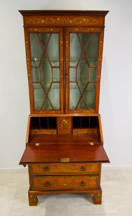 fig 3. Antique Satinwood Painted Bureau Bookcase (Adam Revival, c.1890)