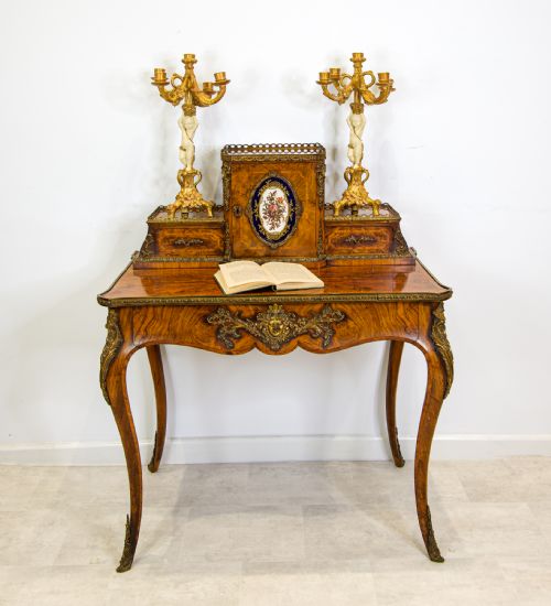 fig 1. Antique 19th Century French Walnut Writing Table with Ormolu Mounts and Porcelain Plaque