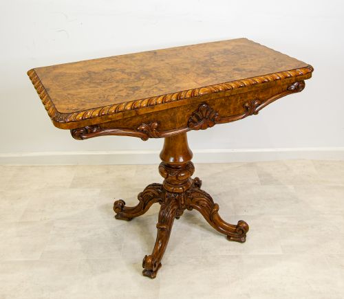 Antique Victorian Burr Walnut Games Table with Carved Pedestal Base
