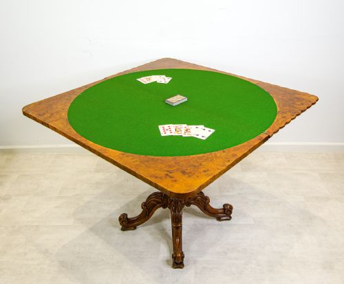 fig 1. Antique Victorian Burr Walnut Games Table with Carved Pedestal Base