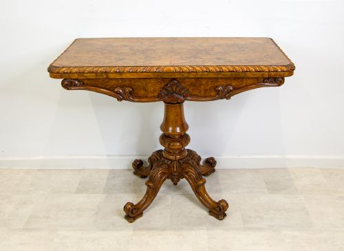 fig 2. Antique Victorian Burr Walnut Games Table with Carved Pedestal Base