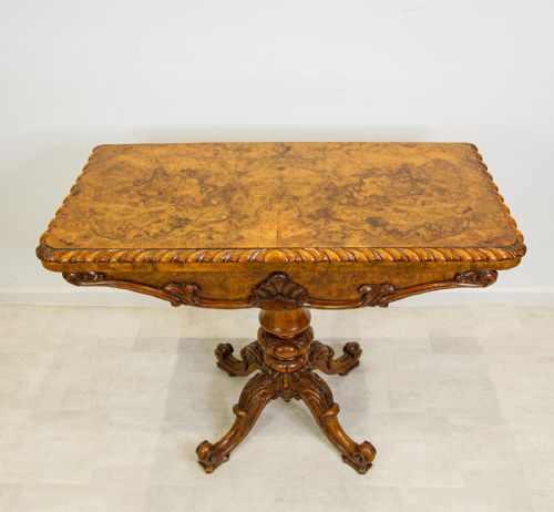 fig 3. Antique Victorian Burr Walnut Games Table with Carved Pedestal Base