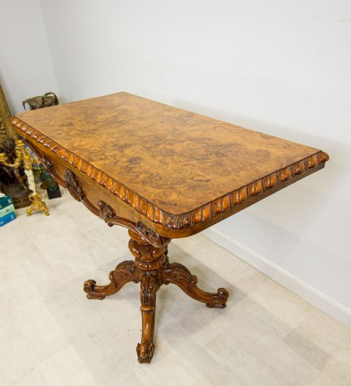 fig 4. Antique Victorian Burr Walnut Games Table with Carved Pedestal Base