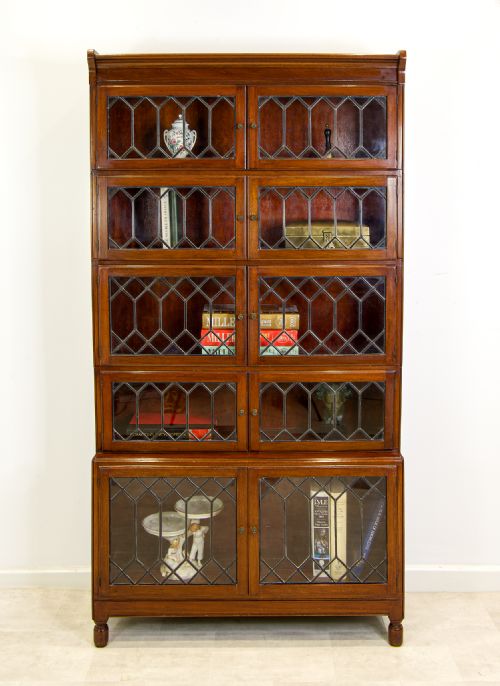 fig 1. Antique Minty Mahogany Barrister Bookcase with Leaded Glass - Early 20th Century
