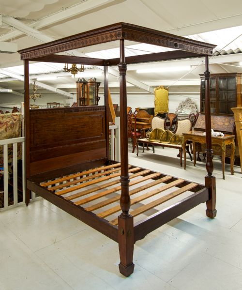 Edwardian Mahogany Four Poster Bed with Greek-key Carving C.1905