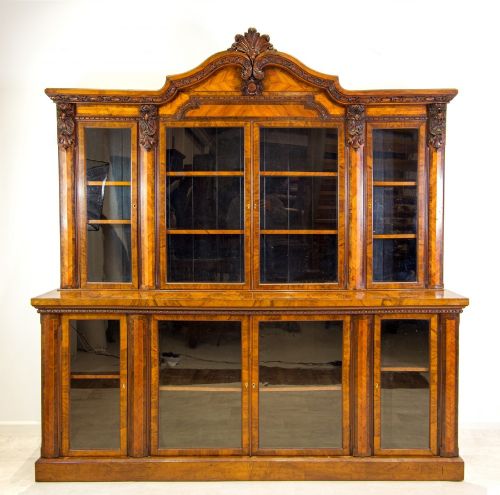 Magnificent Antique Burr Walnut & Kingwood Bookcase Display Cabinet