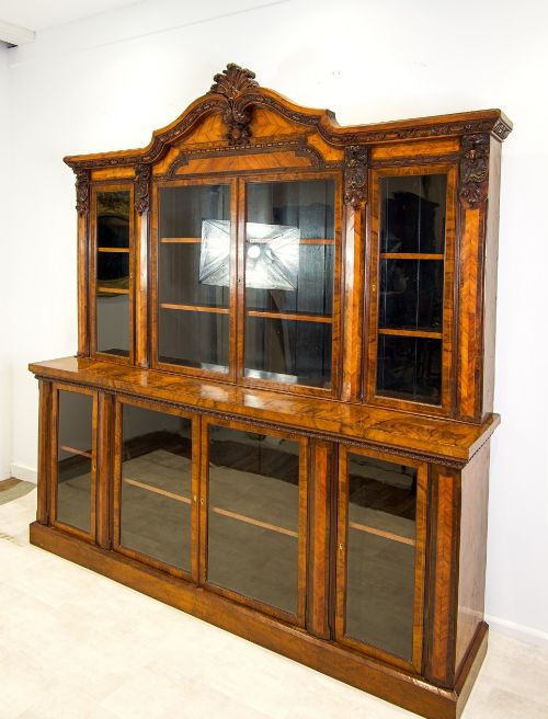 fig 1. Magnificent Antique Burr Walnut & Kingwood Bookcase Display Cabinet