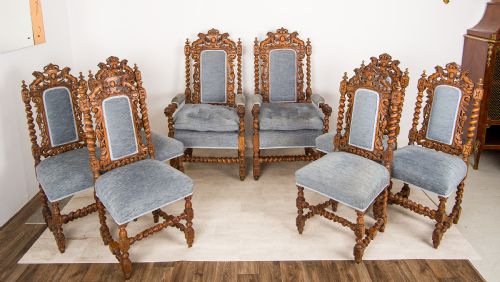 fig 1. Exceptional Set of 8 Antique Carved Oak Dining Chairs Including 2 Throne Armchairs - 19th Century Lion & Barley Twist Suite