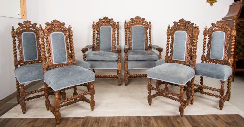 fig 2. Exceptional Set of 8 Antique Carved Oak Dining Chairs Including 2 Throne Armchairs - 19th Century Lion & Barley Twist Suite