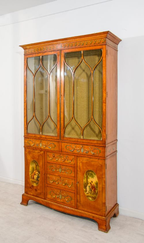 fig 1. Antique Satinwood Painted Display Cabinet with Neoclassical Decoration & Astragal Glazed Doors – Early 20th Century