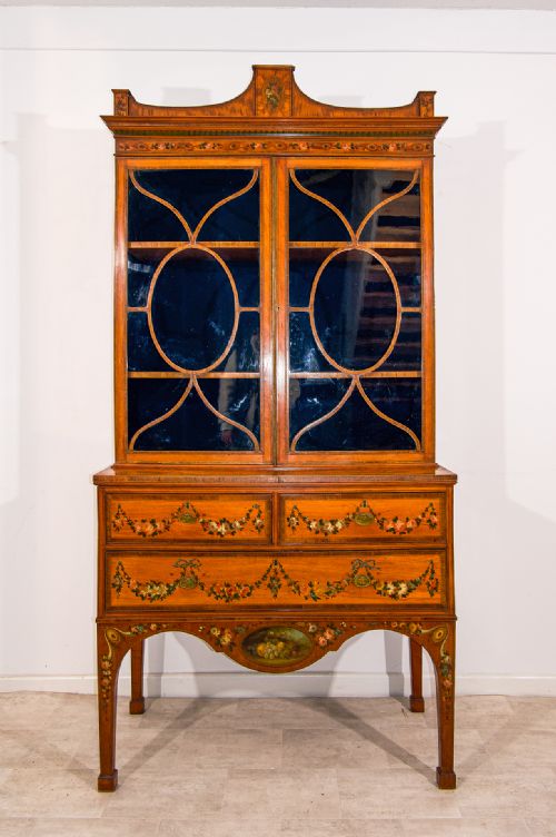 fig 1. Antique Satinwood Bookcase on Stand with Neoclassical Decoration & Astragal Glazed Doors - Early 20th Century Sheraton Revival