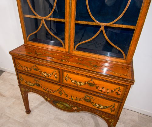 fig 3. Antique Satinwood Bookcase on Stand with Neoclassical Decoration & Astragal Glazed Doors - Early 20th Century Sheraton Revival