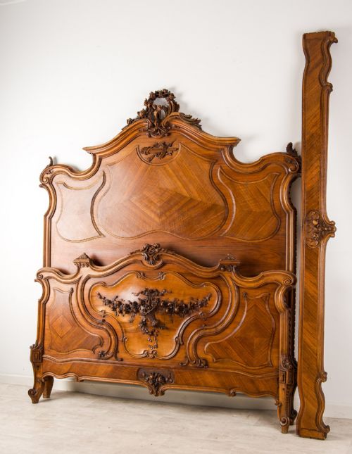 fig 1. Impressive 19th Century French Carved Walnut Bed with Parquetry Panels