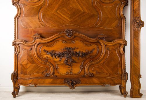 fig 2. Impressive 19th Century French Carved Walnut Bed with Parquetry Panels