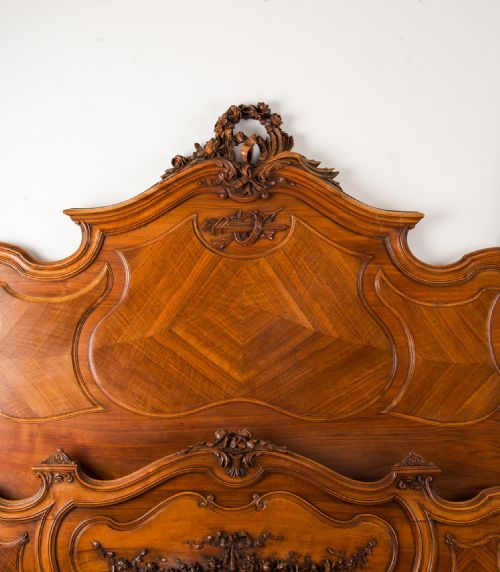 fig 3. Impressive 19th Century French Carved Walnut Bed with Parquetry Panels