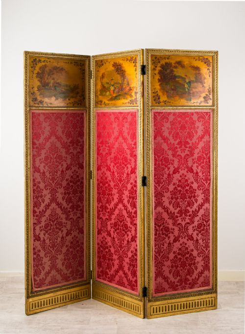 fig 1. Antique French Giltwood Three Fold Screen with Painted Panels - c.1900