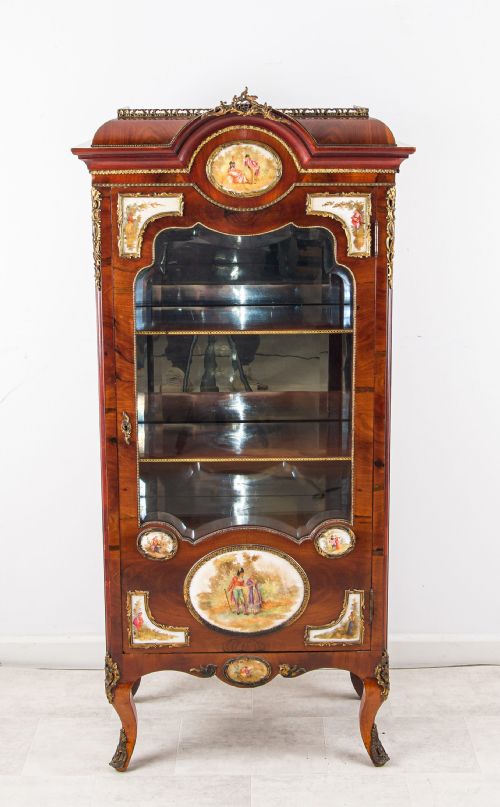 ANTIQUE FRENCH WALNUT VITRINE DISPLAY CABINET WITH PORCELAIN PLAQUES - ADDITIONAL PHOTO 1