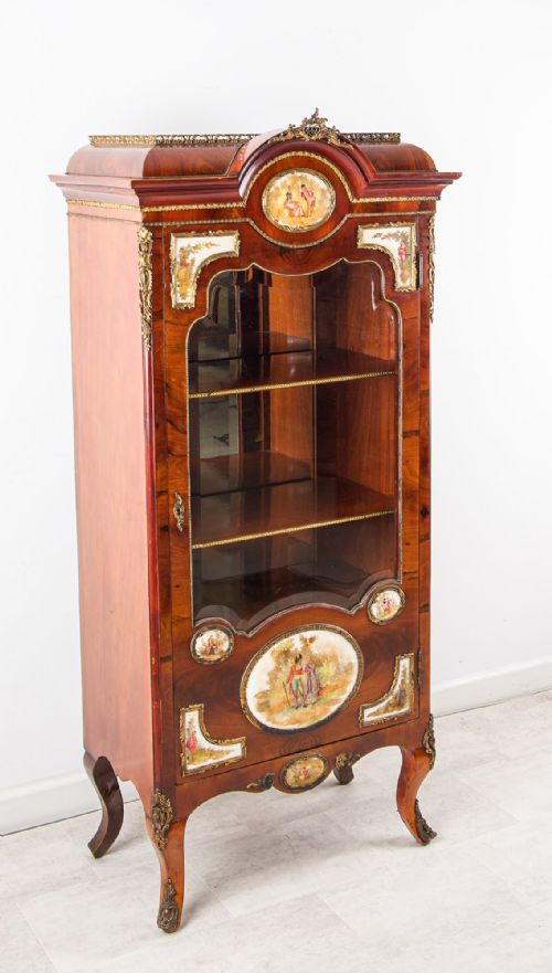 ANTIQUE FRENCH WALNUT VITRINE DISPLAY CABINET WITH PORCELAIN PLAQUES - ADDITIONAL PHOTO 2