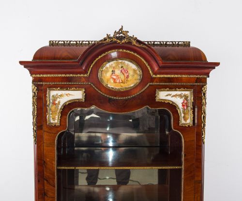 ANTIQUE FRENCH WALNUT VITRINE DISPLAY CABINET WITH PORCELAIN PLAQUES - ADDITIONAL PHOTO 3