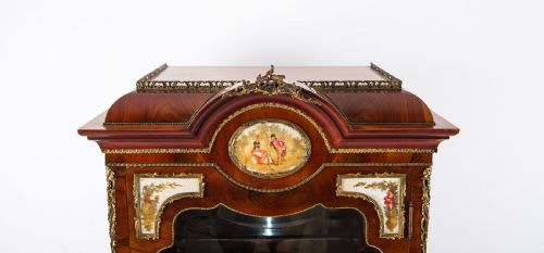 ANTIQUE FRENCH WALNUT VITRINE DISPLAY CABINET WITH PORCELAIN PLAQUES - ADDITIONAL PHOTO 4