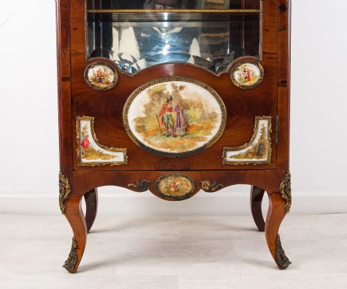 ANTIQUE FRENCH WALNUT VITRINE DISPLAY CABINET WITH PORCELAIN PLAQUES - ADDITIONAL PHOTO 5