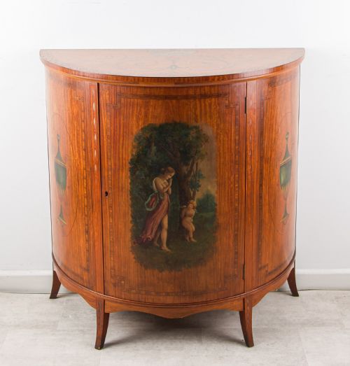 ANTIQUE VICTORIAN SATINWOOD DEMILUNE SIDE CABINET WITH PAINTED PANELS C1890 - ADDITIONAL PHOTO 1