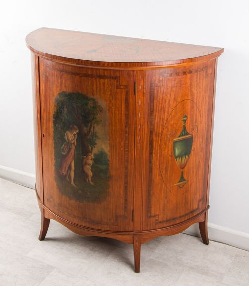 ANTIQUE VICTORIAN SATINWOOD DEMILUNE SIDE CABINET WITH PAINTED PANELS C1890 - ADDITIONAL PHOTO 3