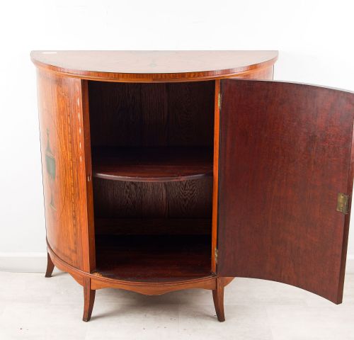 ANTIQUE VICTORIAN SATINWOOD DEMILUNE SIDE CABINET WITH PAINTED PANELS C1890 - ADDITIONAL PHOTO 4