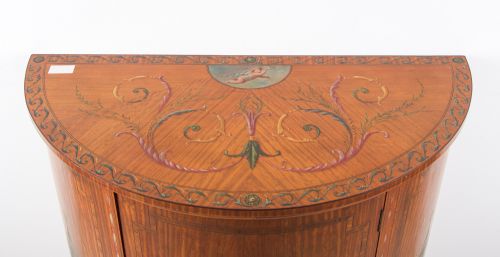 ANTIQUE VICTORIAN SATINWOOD DEMILUNE SIDE CABINET WITH PAINTED PANELS C1890 - ADDITIONAL PHOTO 5