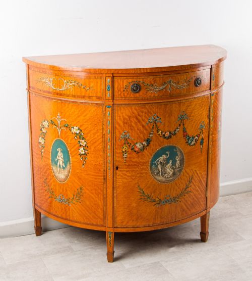 ANTIQUE SATINWOOD PAINTED DEMILUNE COMMODE WITH CLASSICAL PANELS C1900 - ADDITIONAL PHOTO 2