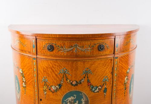 ANTIQUE SATINWOOD PAINTED DEMILUNE COMMODE WITH CLASSICAL PANELS C1900 - ADDITIONAL PHOTO 3