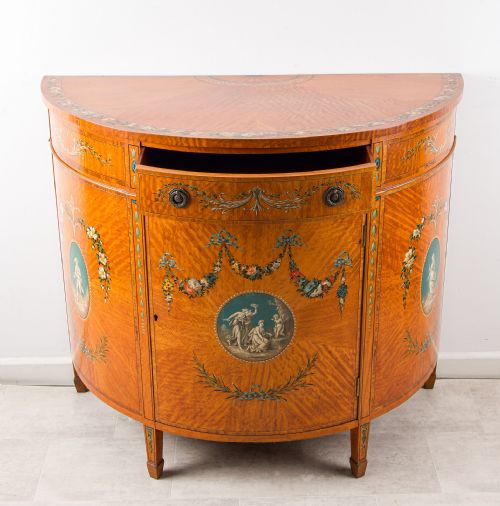 ANTIQUE SATINWOOD PAINTED DEMILUNE COMMODE WITH CLASSICAL PANELS C1900 - ADDITIONAL PHOTO 4