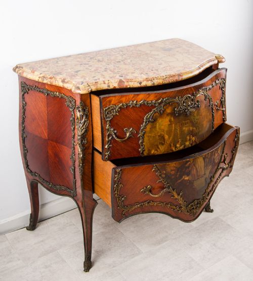 ANTIQUE FRENCH VERNIS MARTIN BOMBE COMMODE WITH BRECCIA MARBLE TOP ORMOLU - ADDITIONAL PHOTO 2