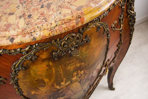 ANTIQUE FRENCH VERNIS MARTIN BOMBE COMMODE WITH BRECCIA MARBLE TOP ORMOLU - ADDITIONAL PHOTO 4