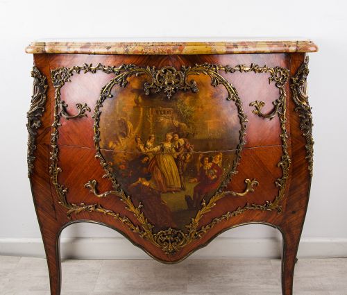 ANTIQUE FRENCH VERNIS MARTIN BOMBE COMMODE WITH BRECCIA MARBLE TOP ORMOLU - ADDITIONAL PHOTO 5