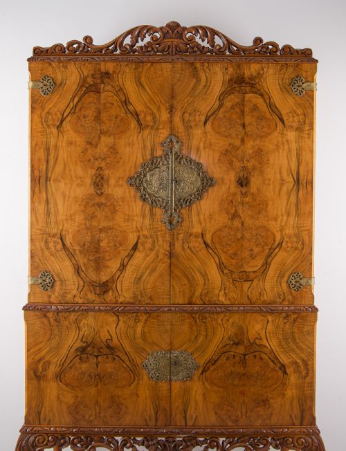 fig 1. Burr Walnut Cocktail Cabinet with Carved Cabriole Legs, c.1930