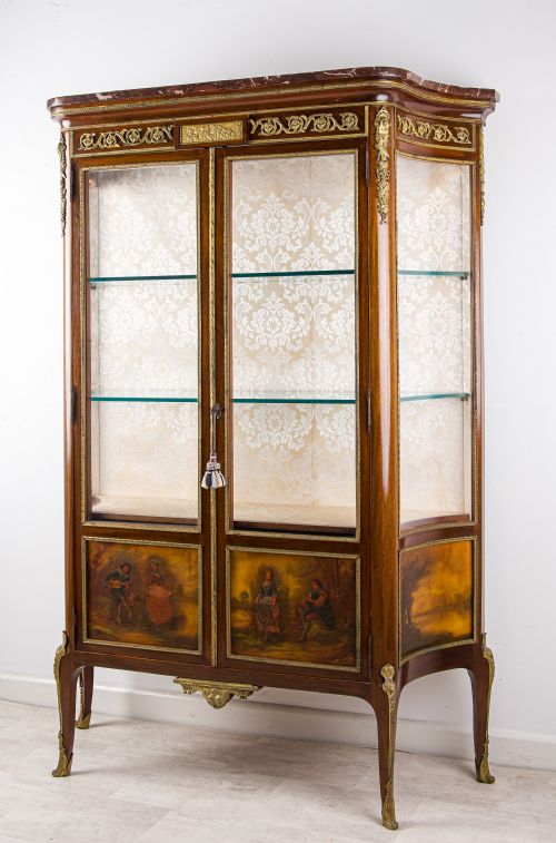 fig 1. Fine French Vernis Martin Vitrine Cabinet with Marble Top & Ormolu, c.1880