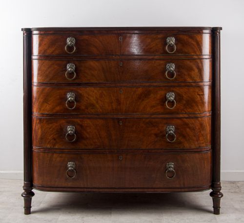 Antique Georgian Mahogany Bow Front Chest with Lion Mask Handles