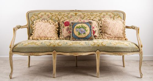Antique French Louis Xv Painted Settee Sofa with Floral Needlepoint Tapestry Upholstery C.1900