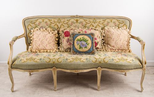 fig 1. Antique French Louis XV Painted Settee Sofa with Floral Needlepoint Tapestry Upholstery c.1900