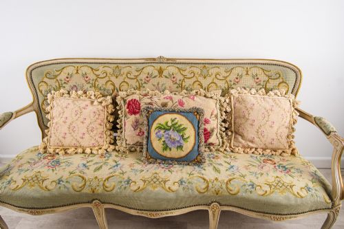fig 2. Antique French Louis XV Painted Settee Sofa with Floral Needlepoint Tapestry Upholstery c.1900
