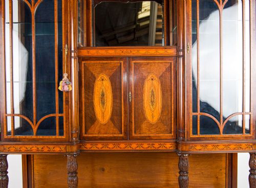 LARGE ANTIQUE VICTORIAN MAHOGANY SATINWOOD INLAID DISPLAY CABINET BREAKFRONT GLAZED BOOKCASE C1890 - ADDITIONAL PHOTO 1