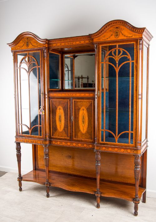 LARGE ANTIQUE VICTORIAN MAHOGANY SATINWOOD INLAID DISPLAY CABINET BREAKFRONT GLAZED BOOKCASE C1890 - ADDITIONAL PHOTO 2