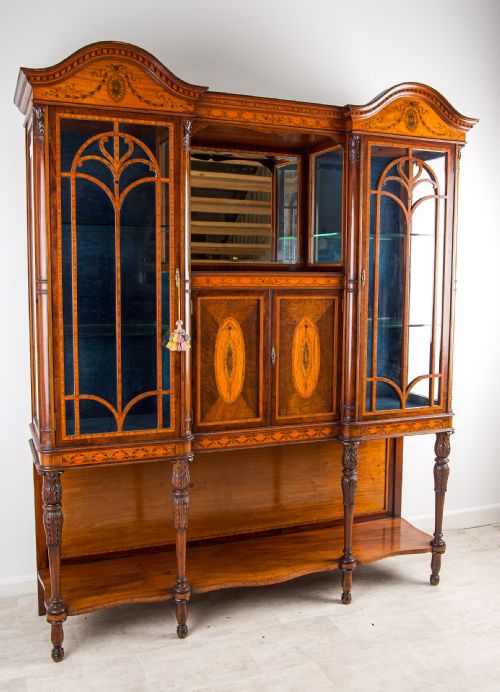 LARGE ANTIQUE VICTORIAN MAHOGANY SATINWOOD INLAID DISPLAY CABINET BREAKFRONT GLAZED BOOKCASE C1890 - ADDITIONAL PHOTO 3
