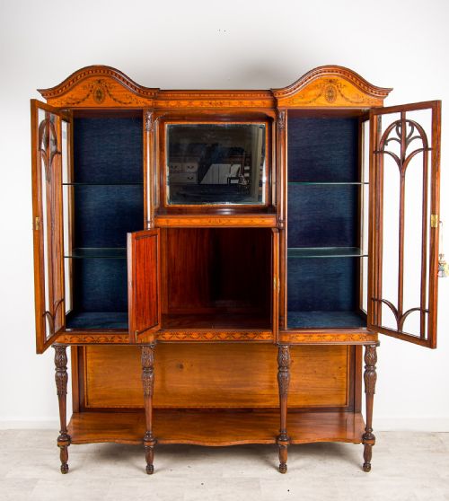 LARGE ANTIQUE VICTORIAN MAHOGANY SATINWOOD INLAID DISPLAY CABINET BREAKFRONT GLAZED BOOKCASE C1890 - ADDITIONAL PHOTO 4