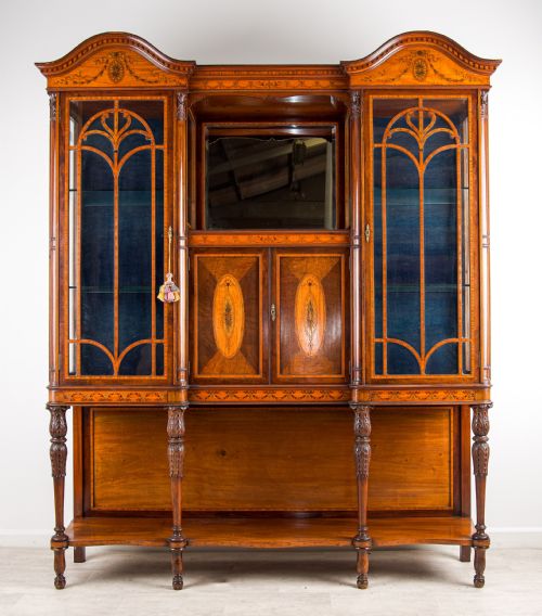 LARGE ANTIQUE VICTORIAN MAHOGANY SATINWOOD INLAID DISPLAY CABINET BREAKFRONT GLAZED BOOKCASE C1890 - ADDITIONAL PHOTO 5