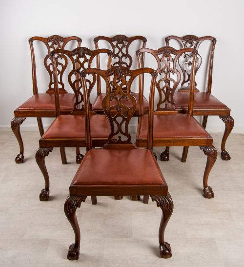 Set of 6 Antique Mahogany Dining Chairs - Chippendale Style Carved Chairs with Leather Seats C.1900