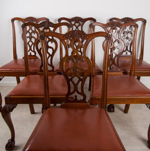 fig 1. Set of 6 Antique Mahogany Dining Chairs - Chippendale Style Carved Chairs with Leather Seats c.1900