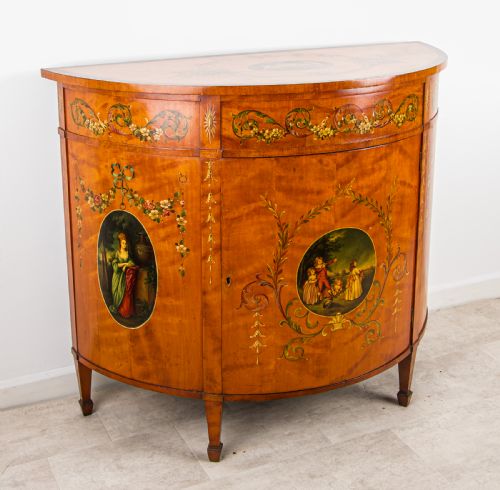 ANTIQUE SATINWOOD PAINTED DEMILUNE COMMODE SIDE CABINET SHERATON REVIVAL C1900 - ADDITIONAL PHOTO 2